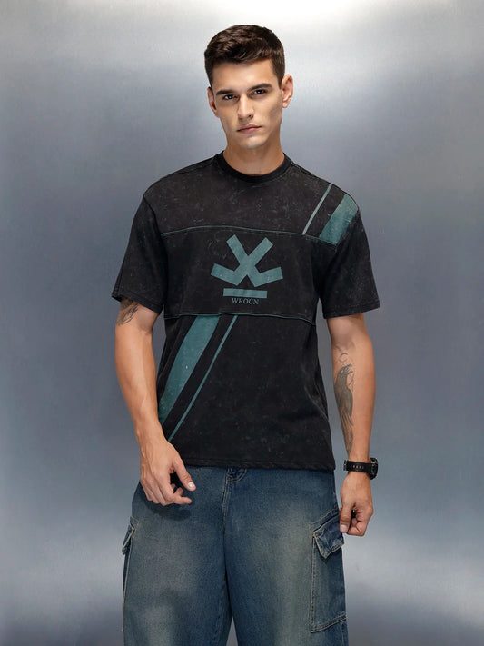 Washed Cut& Sew Graphic Printed Oversized Fit T-Shirt | Black