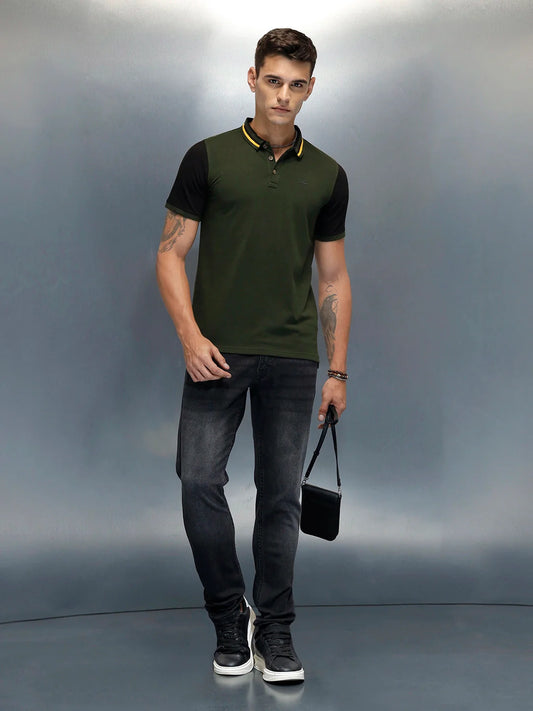 Colourblock Causal Men's Polo Neck T-Shirt | Olive