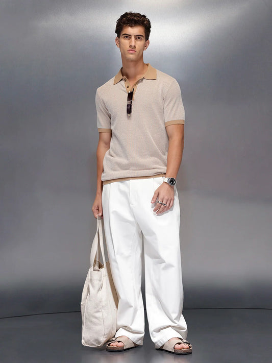 Textured knit polo tshirt with contrast collar | Khaki