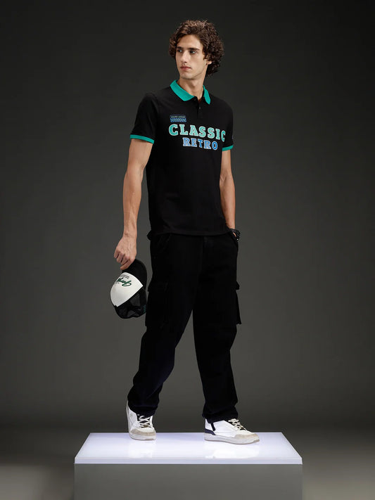 Wrogn Men's Typography Printed Contrast Collared Polo T-shirt | Black