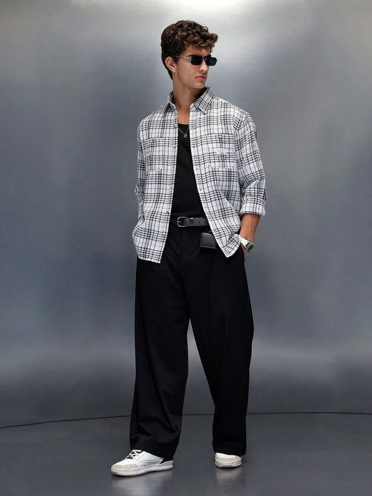 Wrogn Men's Checkered Double Pocket Casual Shirt | White