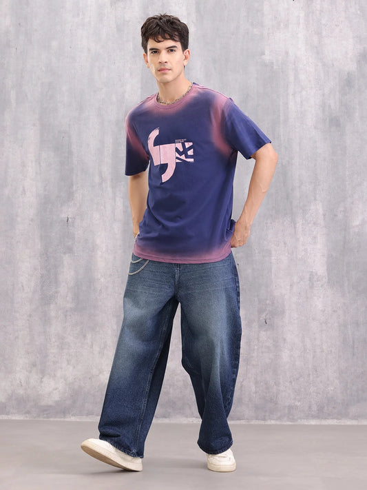 Spray Washed Effect Graphic Printed Oversized Fit T-shirt | Blue