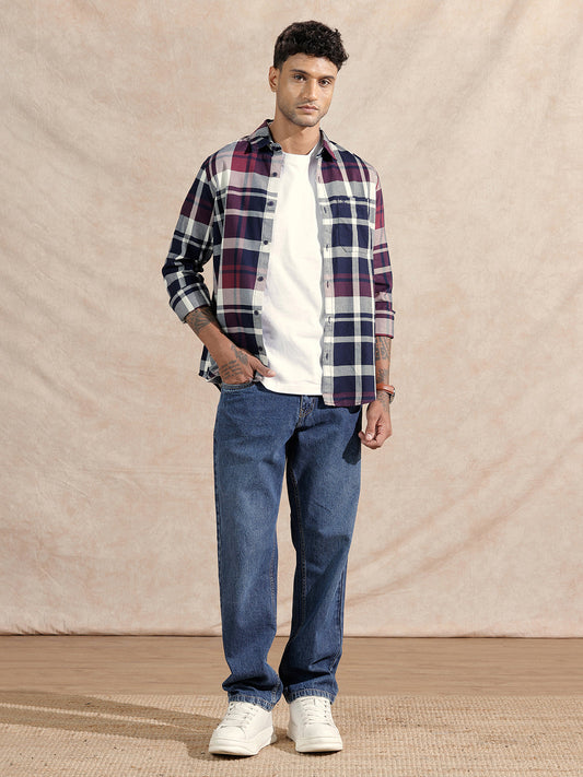 Checked Twill Slim Fit Shirt | Maroon