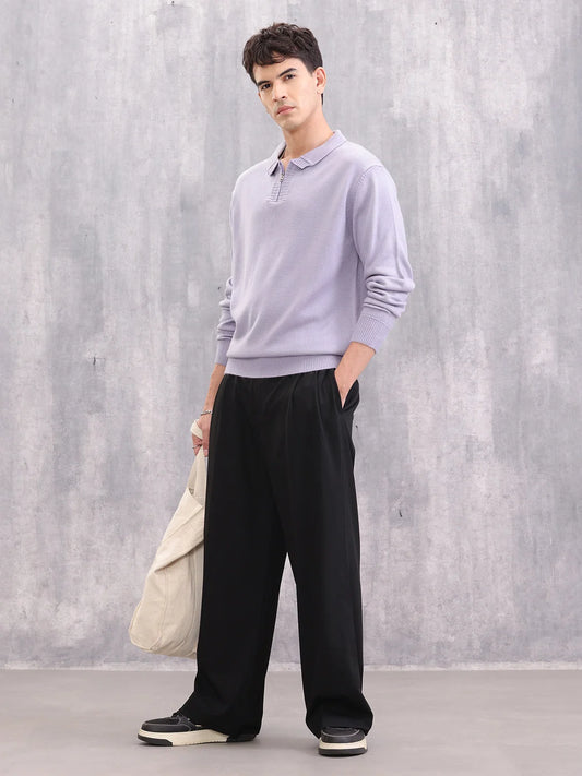 Knitted Pullover With Stylized Half Zip Polo Collar | Lavender