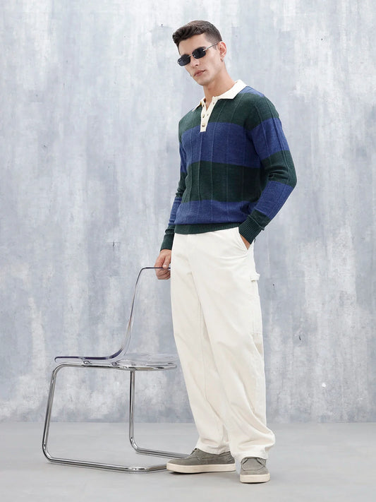 Men's Striped Polo Collar Sweater | Blue