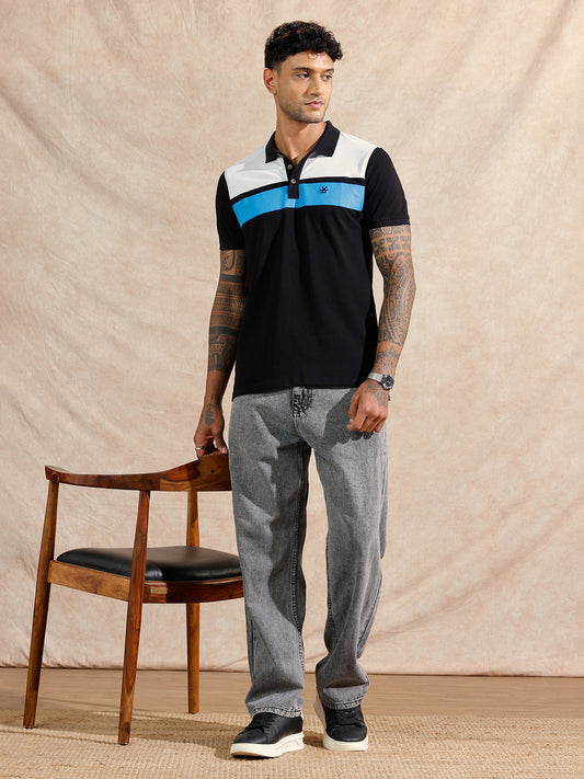Colour Blocked Polo T-Shirt | Black