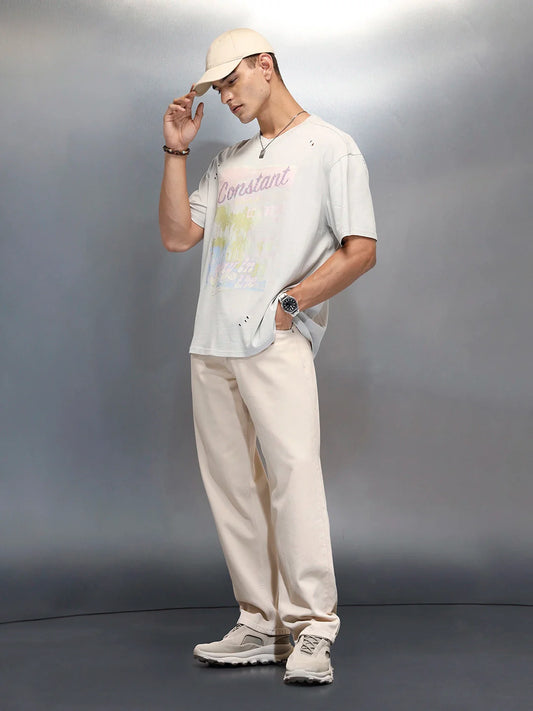 Washed Men's Casual Graphic Printed Oevrsized Fit T-Shirt | Grey