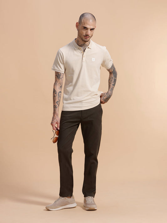 Solid Tipped Collar Polo T-Shirt | Beige