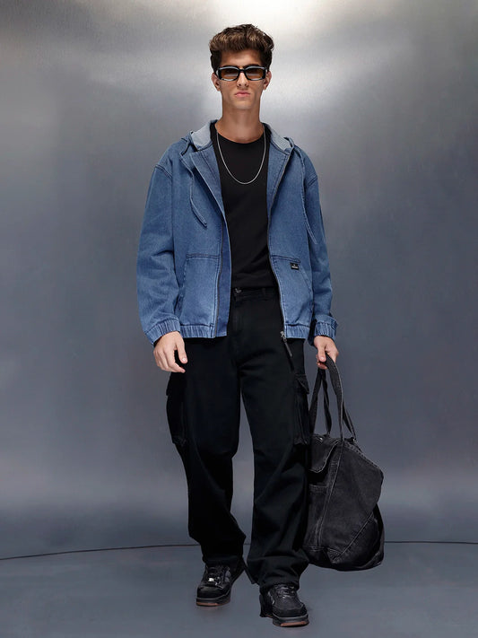 Blue Washed Utility Hooded Zip Jacket | Blue