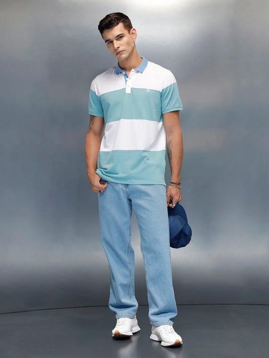 Men's Casual Slim Fit Striped Patten Polo T-Shirt | Teal