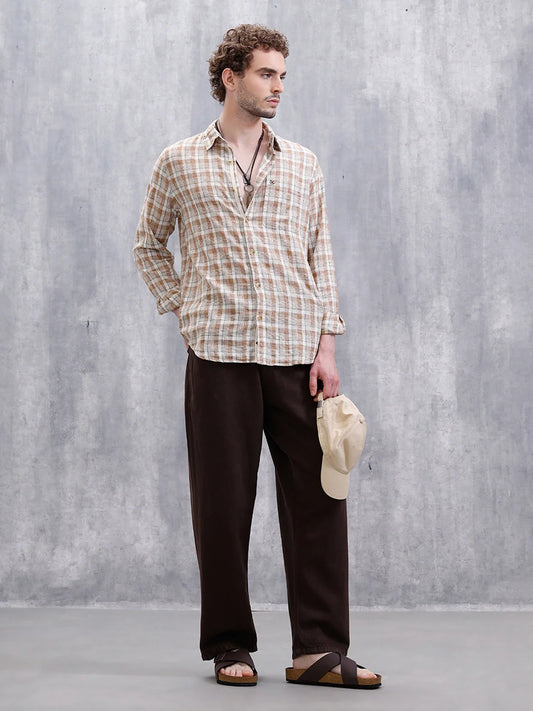 Checked Linen Blend Shirt | Khaki