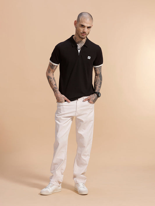 Contrast Rib Pique Polo T-Shirt | Black