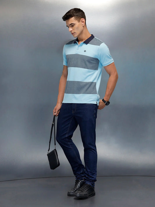 Men's Casual Regualr Fit Striped Patten Polo T-Shirt | Light Blue