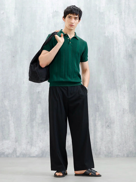 Classic Flat Knit Textured Polo T-Shirt For Men | Green