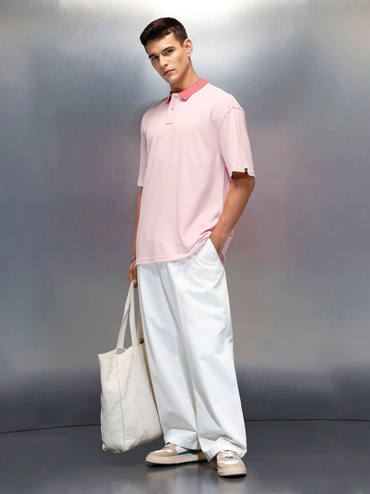 Men's Casual Oversized Fit Polo Collar T-Shirt | Pink