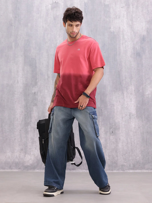 Ombre Dyed Back Graphic Printed Oversized Fit T-Shirt | Red