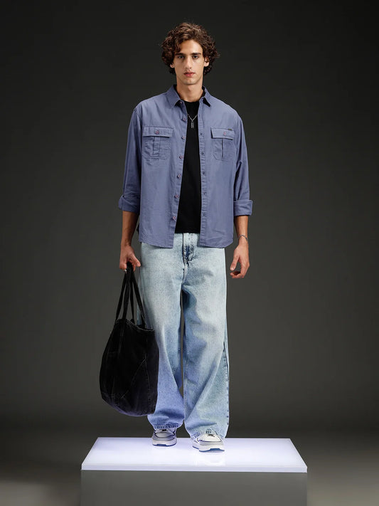 Wrogn Men's Casual Comfort Fit Double Pocket Shirt | Grey