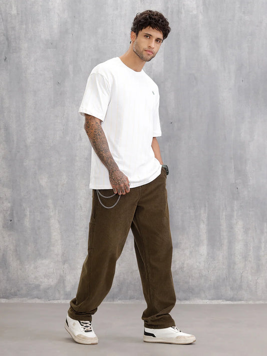 Striped Oversized Fit T-shirt With Puff Print | White