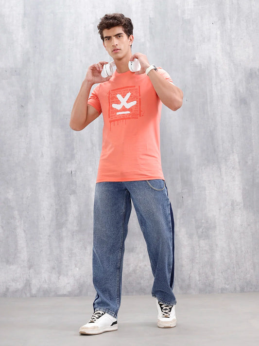 Casual Men Regular Fit Tee With Graphic | Peach