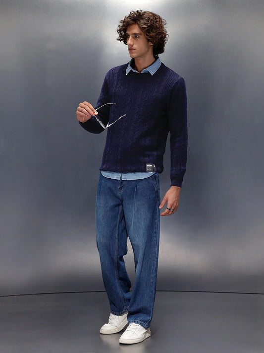 Chunky Cable Knit Slim Fit Crew Neck Sweater | Navy Blue