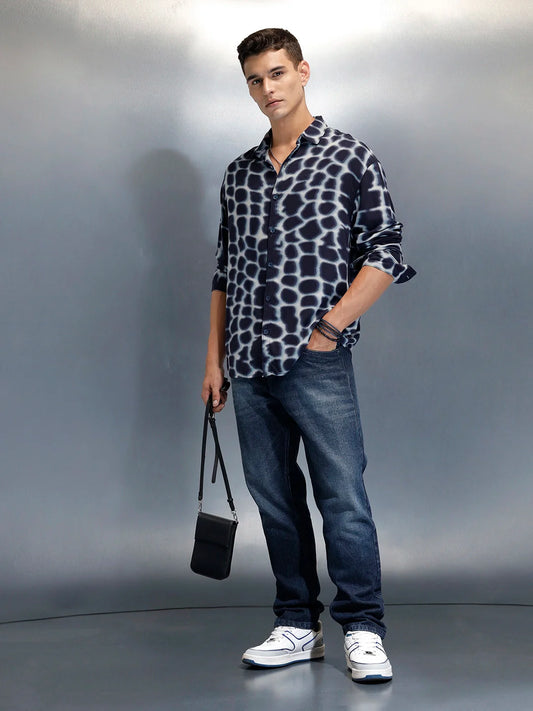 Wrogn Abstract Printed Oversized Fit Shirt | Blue