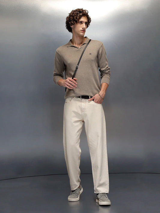 Wrogn Men's Casual Loose Fit Jeans with Contrast Stitch Detail | Khaki