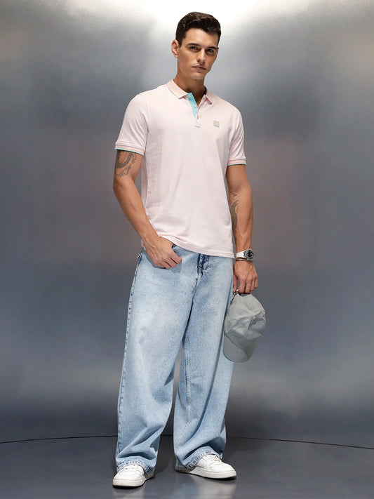 Men's casual slim fit polo t-shirt with contrast detail | Pink