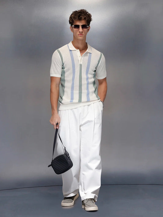 Pastel Stripe Textured Knit Polo | Off White