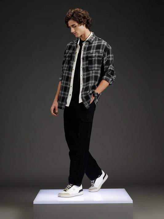 Wrogn Men's Casual Checkered Shirt | Black