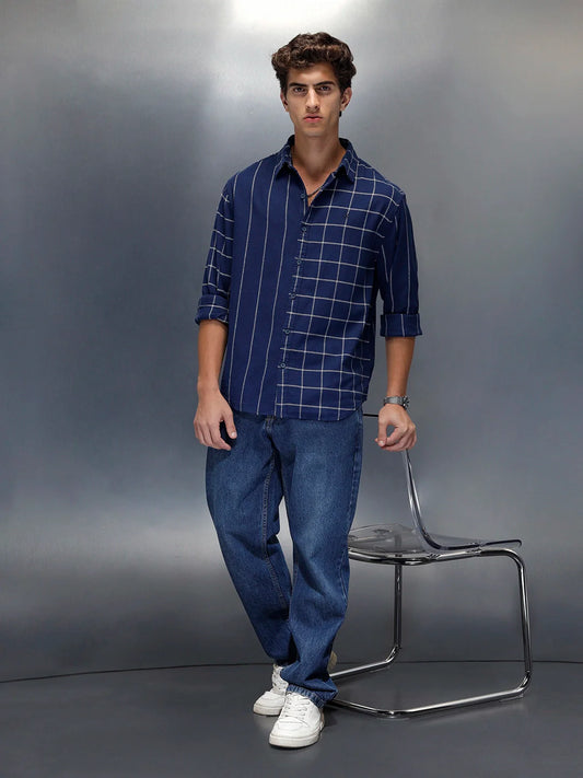 Wrogn Men's Casual Checked Shirt | Navy Blue