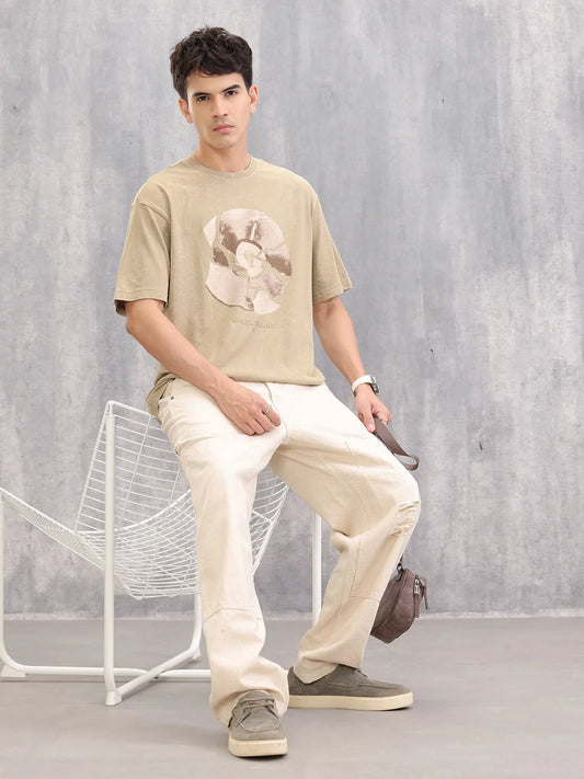 Retro Graphic Printed Oversized Fit Washed T-shirt | Khaki