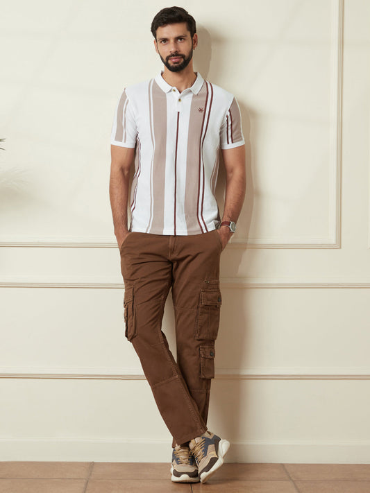 Striped Slim Fit Polo T-Shirt in Off White
