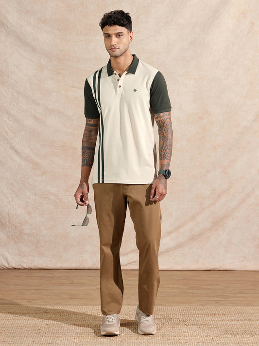 Assymetrical Striped Polo T-Shirt | Beige & Olive