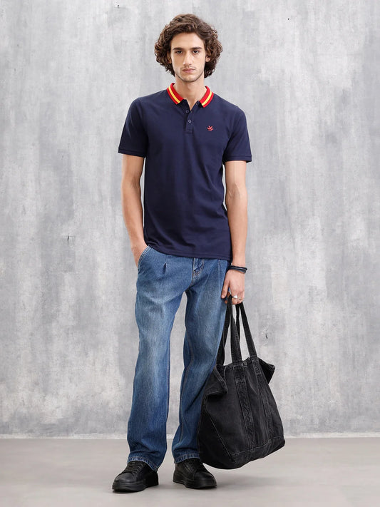 Solid Contrast Collar Polo T-Shirt | Navy Blue