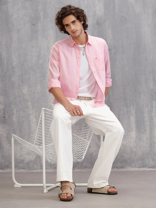 100% Cotton Slub Causal Look Slim Fit Solid Shirt | Pink