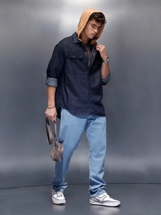 Back Printed Hooded Shirt | Blue