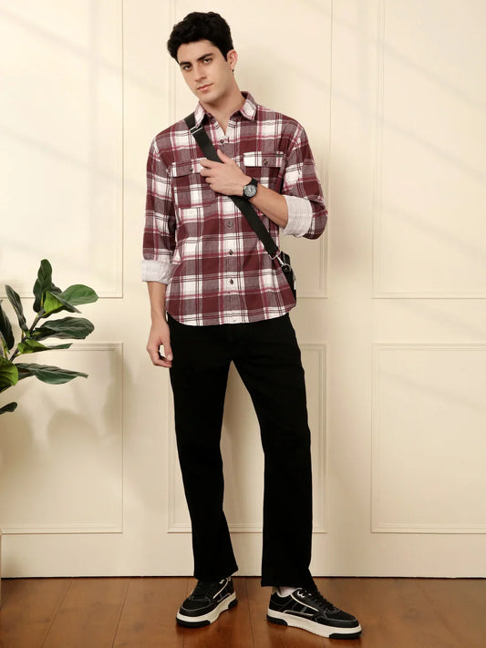 Brown & White Checked Cotton Shirt