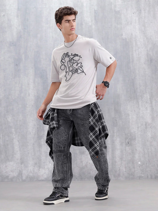 Casual Men Oversized Fit Tee With Cord Detailing | Grey