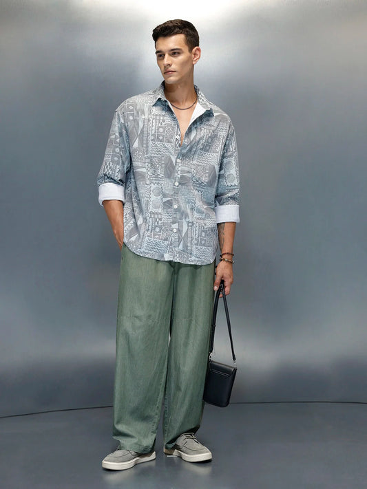 Wrogn Abstract Printed Oversized Fit Shirt | Grey