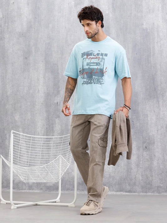 Timeless Casette Graphic Printed Oversized Fit Tshirt | Light Blue
