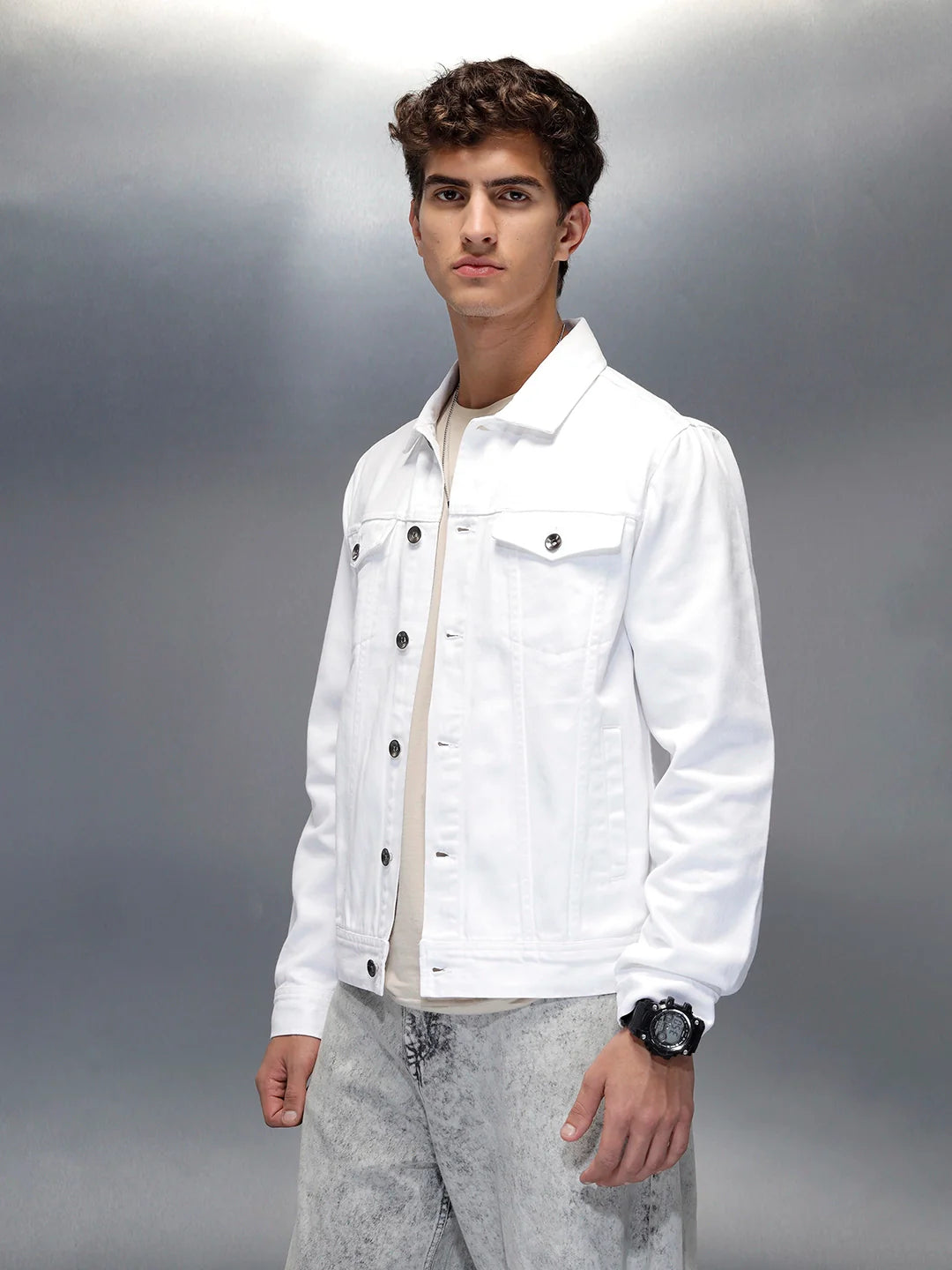 Wrogn Men’s Classic Slim Fit Denim Jacket | White