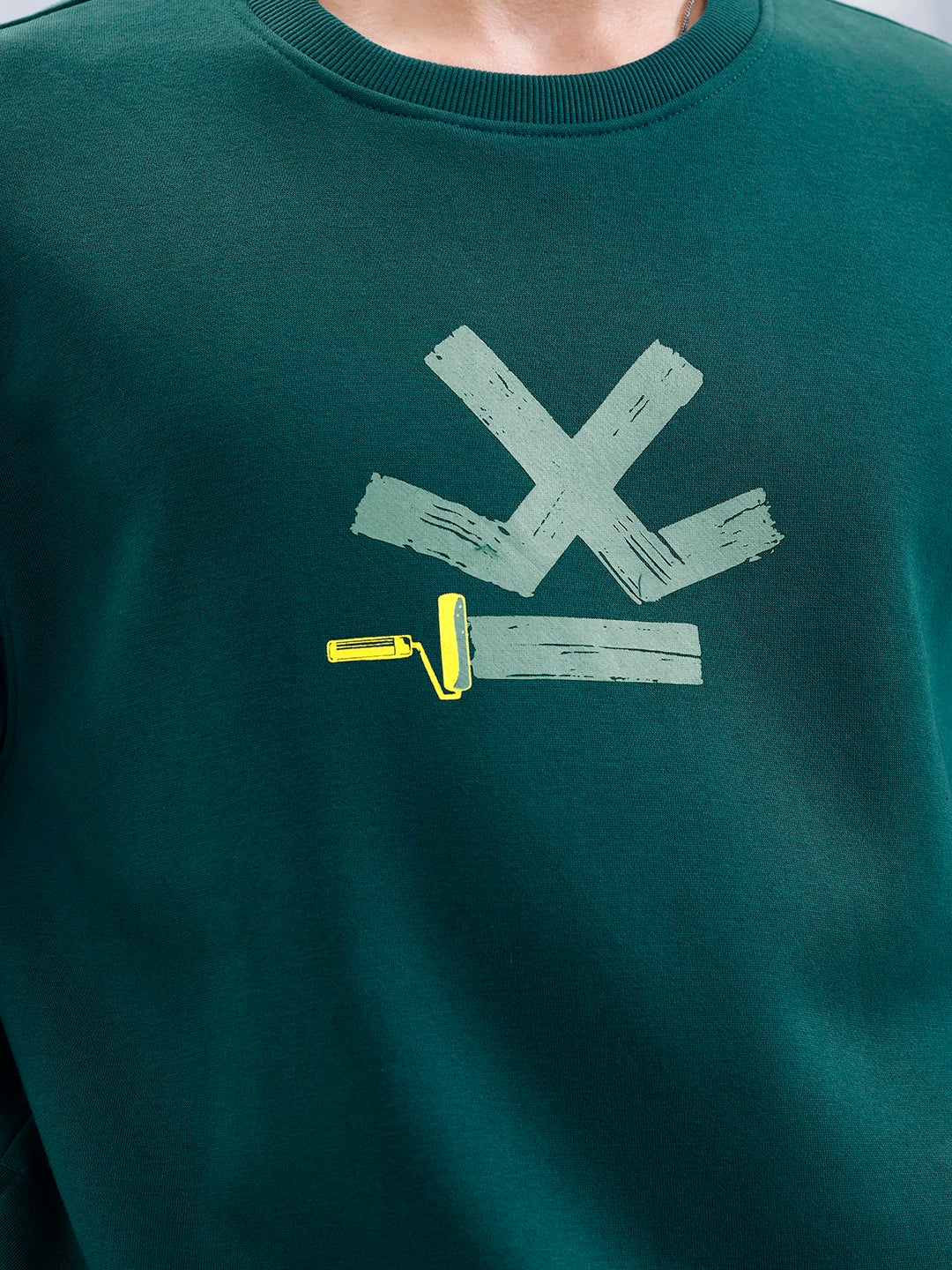 Wrogn Comfort Fit Graphic Sweatshirt For Men | Dark Green