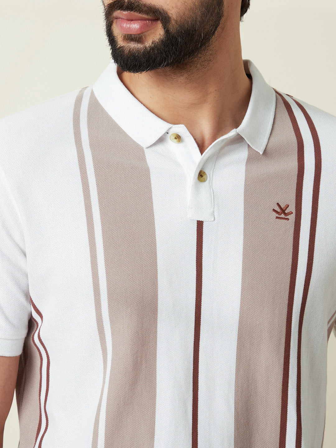 Striped Slim Fit Polo T-Shirt in Off White