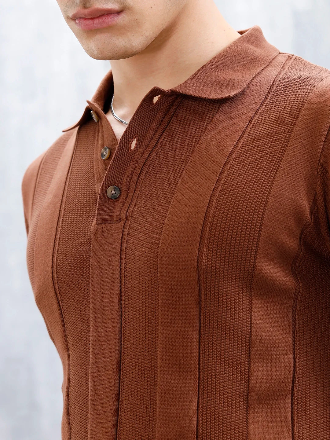 Classic Flat Knit Textured Polo T-Shirt For Men | Brown