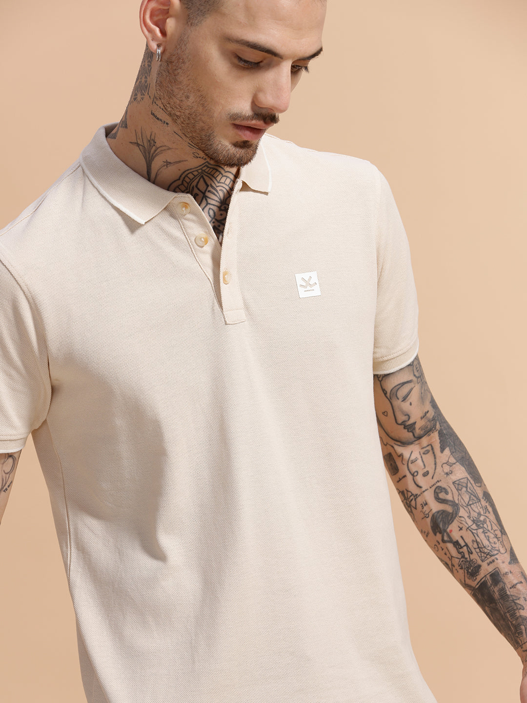 Solid Tipped Collar Polo T-Shirt | Beige