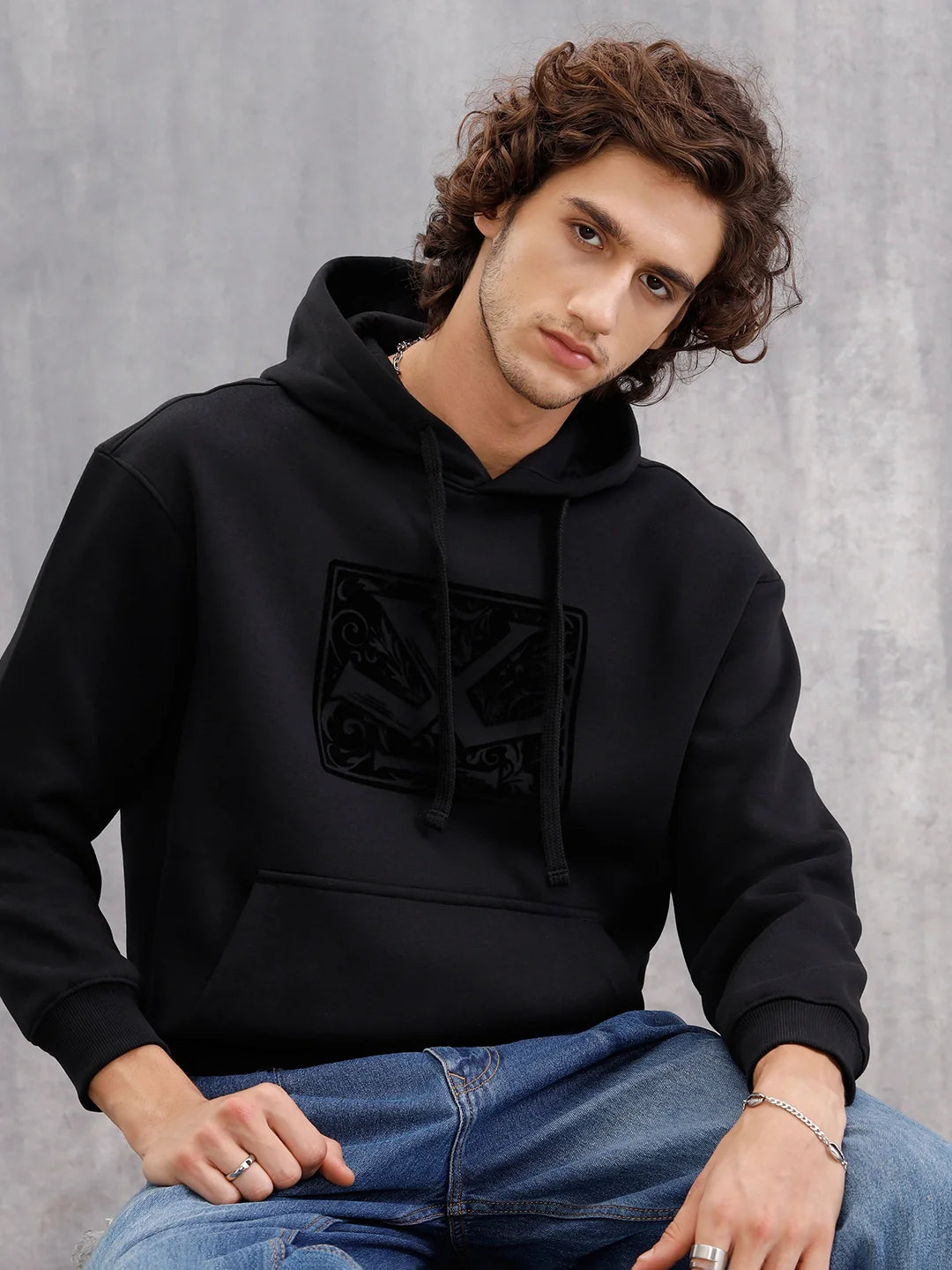 Adorned Logo In Velvet Flock Print On Oversized Hoodie Pullover | Black