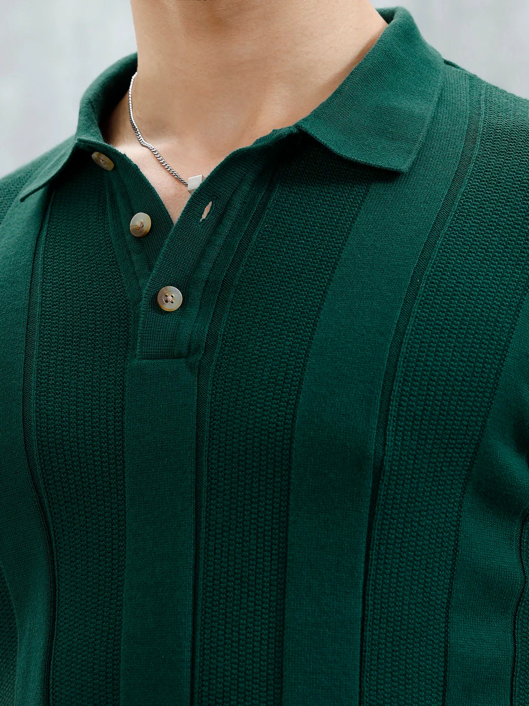 Classic Flat Knit Textured Polo T-Shirt For Men | Green