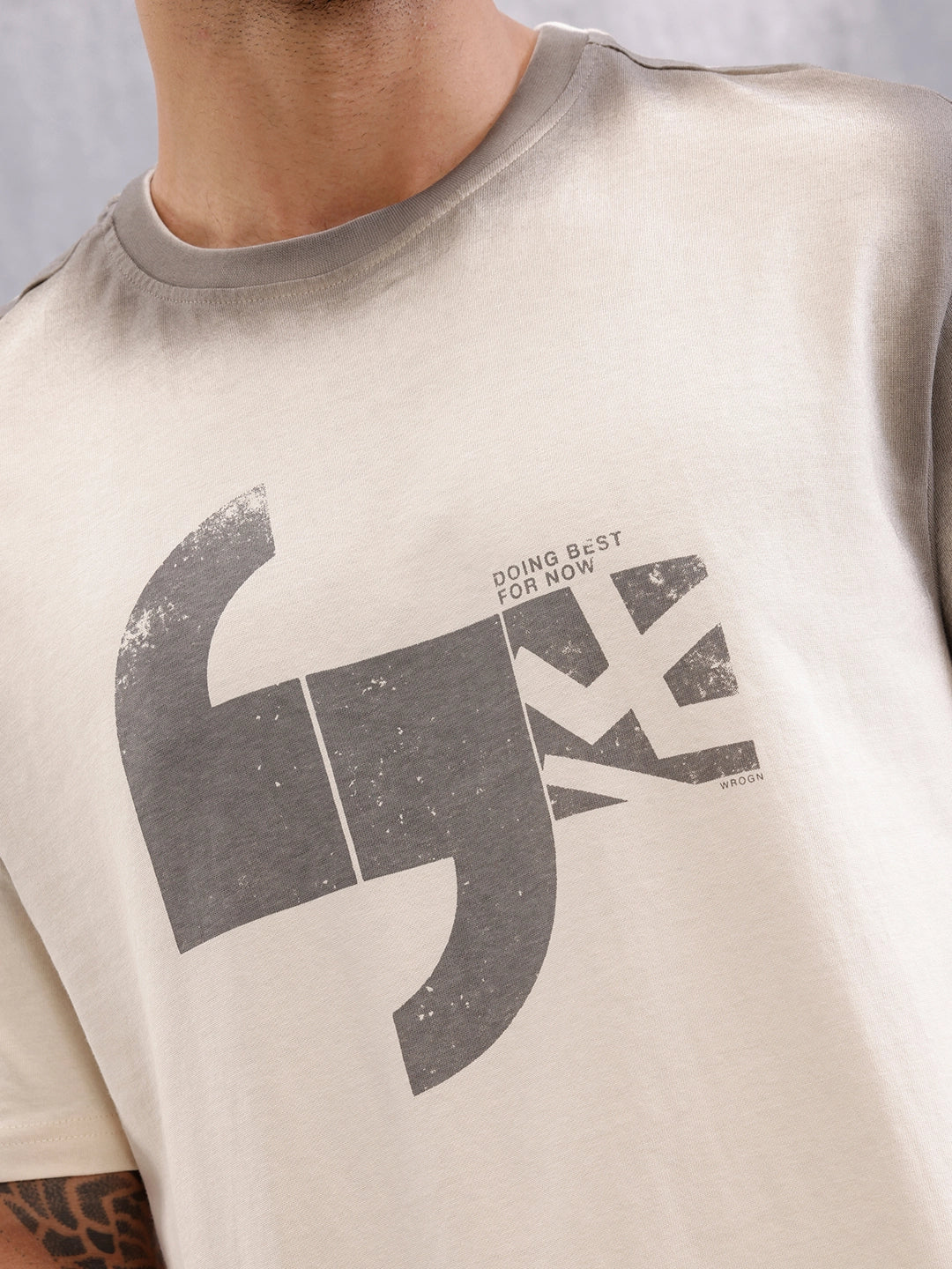 Spray Washed Effect Graphic Printed Oversized Fit T-shirt | Beige