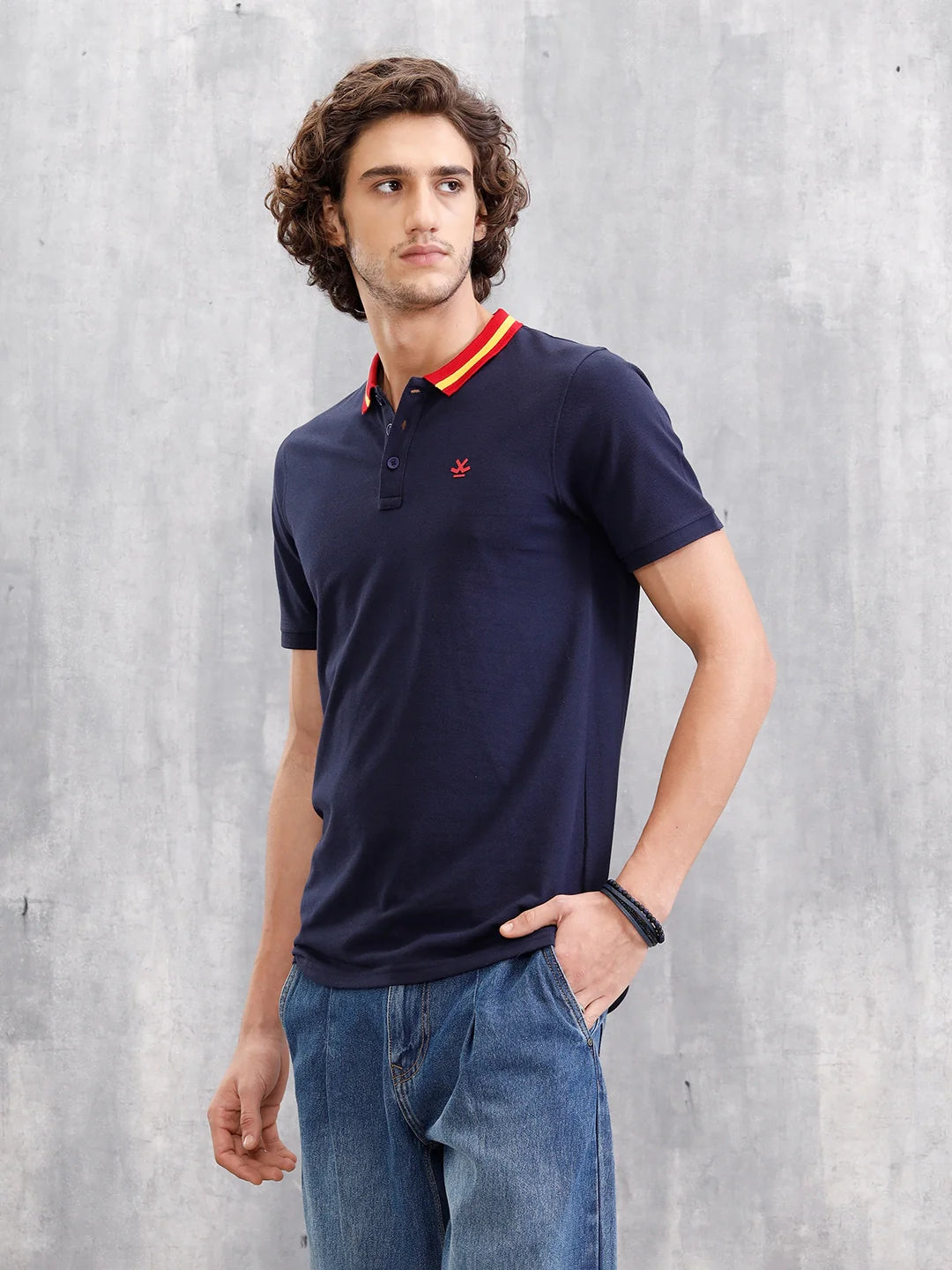 Solid Contrast Collar Polo T-Shirt | Navy Blue