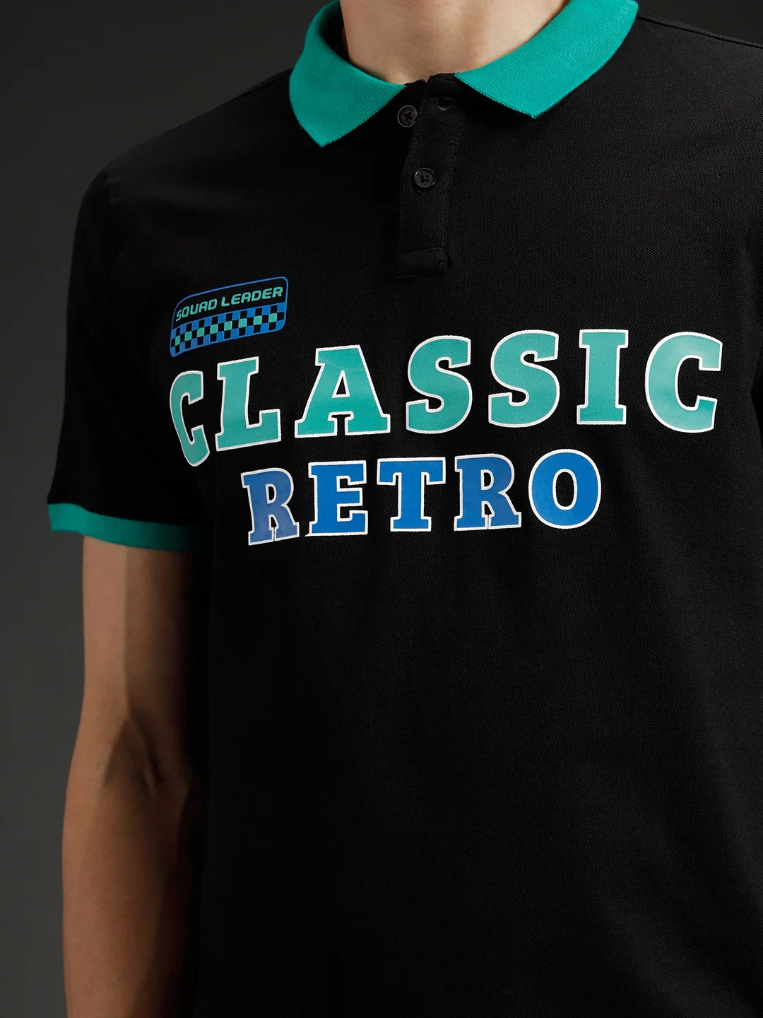 Wrogn Men's Typography Printed Contrast Collared Polo T-shirt | Black